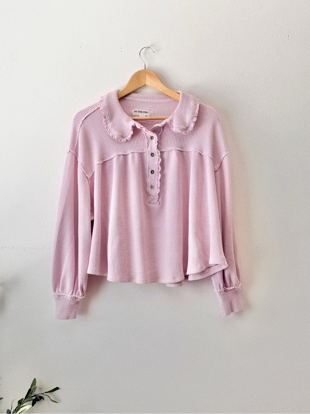 Free People Thermal Waffle Knit Ruffle Collar Long Sleeve Top - Pink